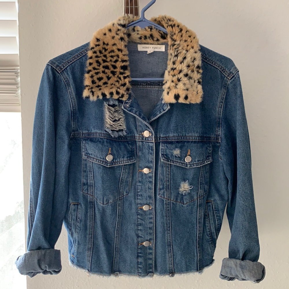 Honey Punch denim jacket with silver hardware, distress, cheetah faux fur collar